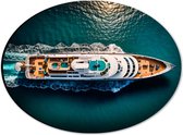 Dibond Ovaal - Bovenaanzicht van Varend Cruiseschip - 28x21 cm Foto op Ovaal (Met Ophangsysteem)