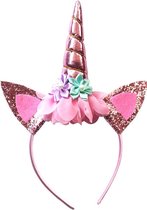 *** Roze, Glitters, Bloemen - Eenhoorn Diadeem voor Kinderen met Oren en Hoorn van Heble® ***