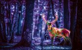 Fotobehang - Vlies Behang - Fluorescerende Hert in het Bos - 208 x 146 cm