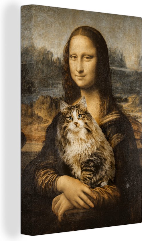 Oude Meesters Canvas - 90x140 cm - Canvas Schilderij - Mona Lisa - Kat - Da Vinci - Wanddecoratie - Hout Frame - Woonkamer - Slaapkamer