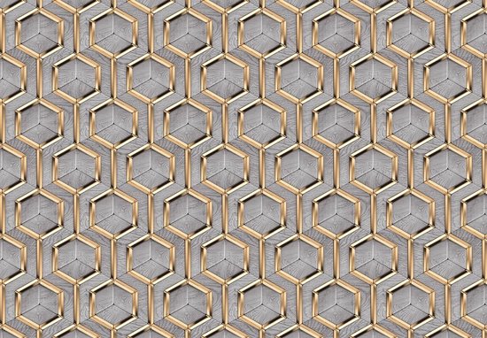 Fotobehang - Vlies Behang - Gouden Hexagons op Grijs Hout - 254 x 184 cm