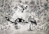 Fotobehang - Vlies Behang - Kraanvogels en Kersenbloesem - Retro & Vintage - 254 x 184 cm
