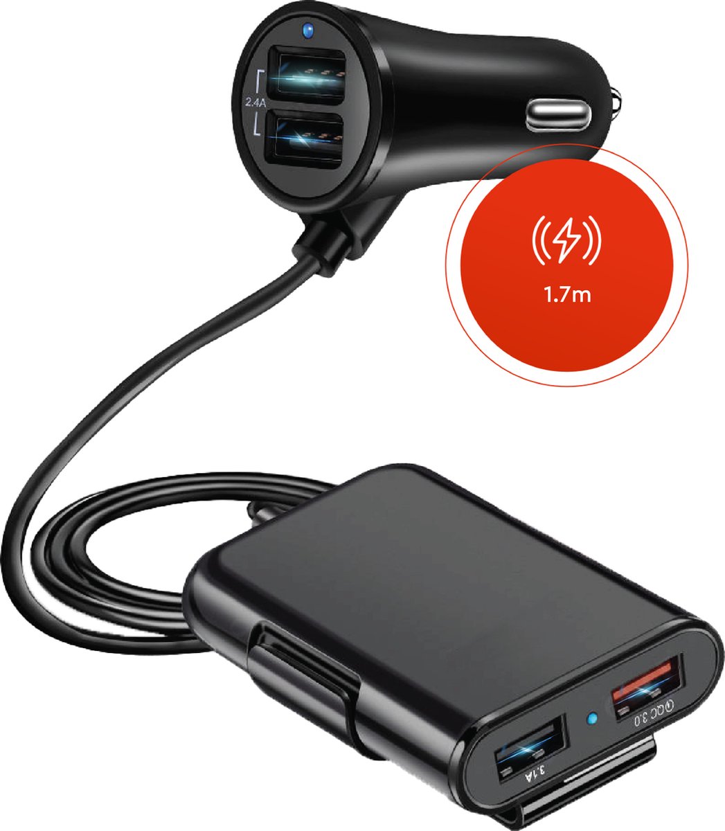 ChargeMore USB Autolader  - Auto Oplader Met 4 Poorten – Fast Charging 3.0  - Oplader voor Navigatie / Telefoon / Tablet in de Auto - Autostekker - Car Charger - Auto-Accessoire - 2.4A – Zwart - ChargeMore
