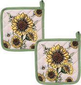 HAES DECO - Set van 2 Pannenlappen - formaat 20x20 cm - kleuren Geel / Groen / Beige - van 100% Katoen - Collectie: Sunny Sunflowers - Pannenlap