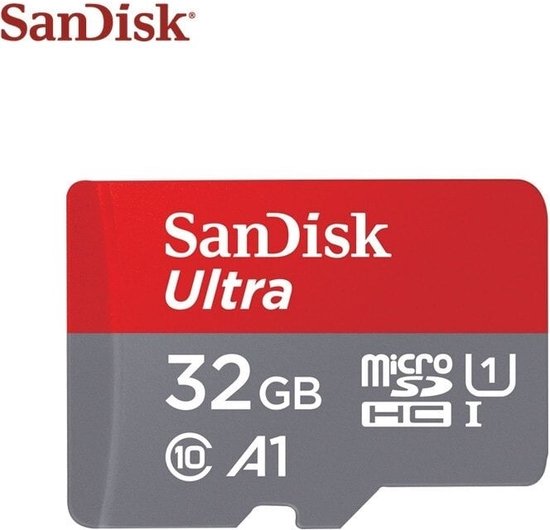SanDisk 32 GB Ultra microSD-kaart op witte achtergrond, rode en grijze kleurstelling.