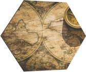 Dibond Hexagon - Kompas met Wereldkaarten - 80x69.6 cm Foto op Hexagon (Met Ophangsysteem)