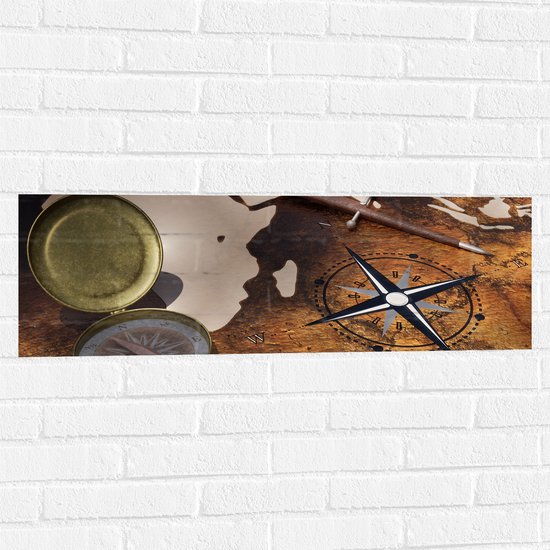 Muursticker - Kompas op Wereldkaart - 90x30 cm Foto op Muursticker
