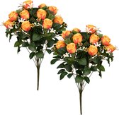 Louis Maes Kunstbloemen boeket rozen/bloesem met bladgroen - 2x - oranje - H49 cm - Bloemstuk