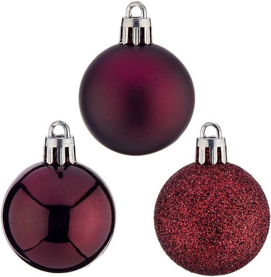 Arte R petites boules de Noël - 24 pièces - vin/rouge bordeaux - plastique - 4 cm