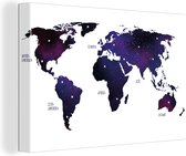 Canvas Wereldkaart - 90x60 - Wanddecoratie Wereldkaart - Paars - Sterrenhemel - Kinderen - Jongens - Meisjes