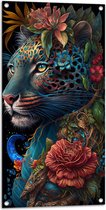 Tuinposter – Luipaard met Vacht van Kleurrijke Bloemen - 50x100 cm Foto op Tuinposter (wanddecoratie voor buiten en binnen)
