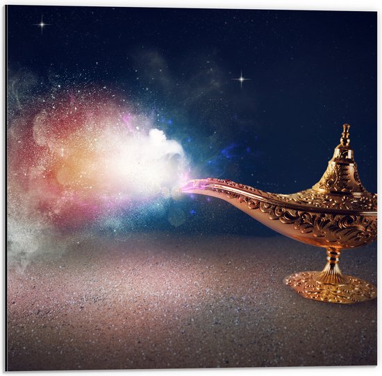 Dibond - Magische Gouden Lamp met Kleurrijke Rook - 50x50 cm Foto op Aluminium (Met Ophangsysteem)