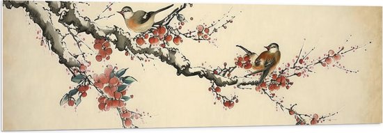 PVC Schuimplaat - Tekening van Vogeltjes op Smalle Tak met Rode Bloemen - 150x50 cm Foto op PVC Schuimplaat (Met Ophangsysteem)