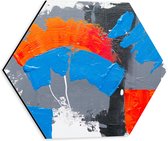 Dibond Hexagon - Oranje, Rode Blauwe en Grijze Verfvlekken op Witte Achtergrond - 30x26.1 cm Foto op Hexagon (Met Ophangsysteem)