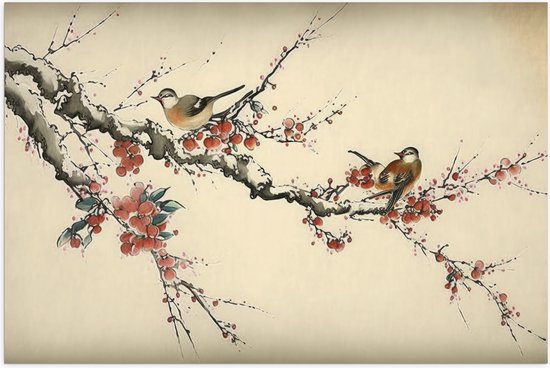 Poster (Mat) - Tekening van Vogeltjes op Smalle Tak met Rode Bloemen - 60x40 cm Foto op Posterpapier met een Matte look
