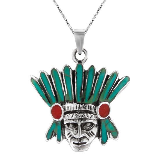 Ketting zilver | Zilveren ketting met hanger, indiaan met tooi van turquoise met rood koraal