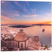 Tuinposter – Uitzicht op Griekse Kustplaats Santorini - 80x80 cm Foto op Tuinposter (wanddecoratie voor buiten en binnen)