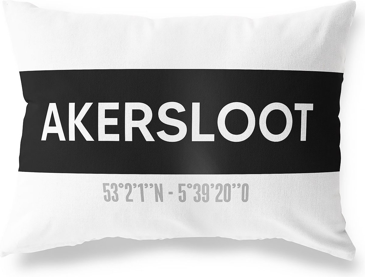 Tuinkussen AKERSLOOT - NOORD-HOLLAND met coördinaten - Buitenkussen - Bootkussen - Weerbestendig - Jouw Plaats - Studio216 - Modern - Zwart-Wit - 50x30cm