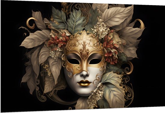 Dibond - Venetiaanse carnavals Masker met Gouden en Beige Details tegen Zwarte Achtergrond - 150x100 cm Foto op Aluminium (Met Ophangsysteem)