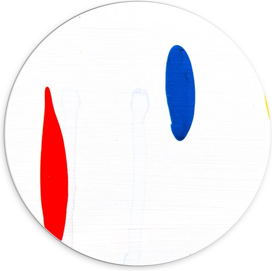 PVC Schuimplaat Muurcirkel - Rode, Blauwe en Gele Vlek op Witte Achtergrond - 70x70 cm Foto op Muurcirkel (met ophangsysteem)