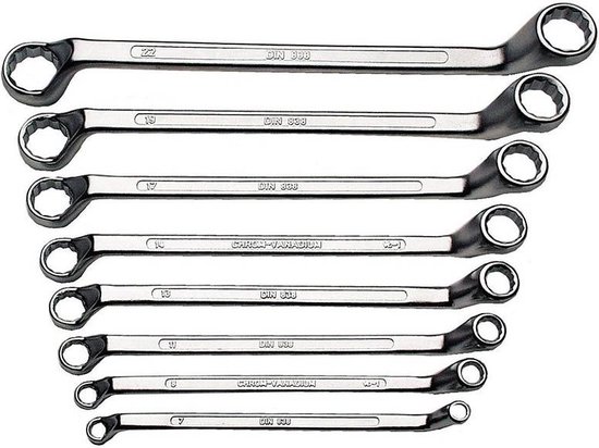8-delige ringsleutelset van glanzend chroom-vanadium staal, maten 8-22 mm.