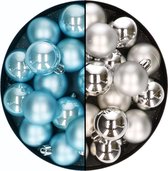 Kerstballen 32x st - mix zilver/ijsblauw - 4 cm - kunststof - kerstversiering