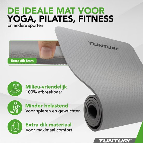 Tunturi Yoga Mat 8mm - Pilates mat - Extra dikke fitness mat - 183x61x0,8 cm - Incl Draagtas - Ecologisch materiaal - Eenvoudig te reinigen - Grijs van Tunturi — afbeelding 5