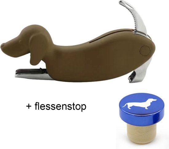 Teckel - Hond - Kurkentrekker - Flessenopener - inclusief Flessenstop - Kurkstop - Flesopener - bruin