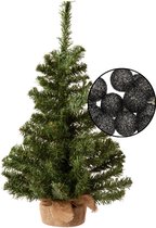 Mini kerstboompje groen - met verlichte bollen lichtsnoer zwart - H60 cm
