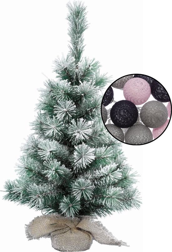 Kleine kerstboom besneeuwd -incl. verlichting bollen mix grijs/lichtroze - H60 cm