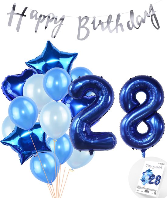 Snoes Ballonnen 28 Jaar Feestpakket – Versiering – Verjaardag Set Mason Blauw Cijferballon 28 Jaar - Heliumballon