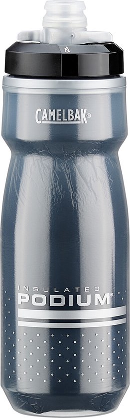 Grijze Camelbak 'Insulated Podium' bidon met zwarte dop en zilveren accenten. Met druppel- en fietsiconen.