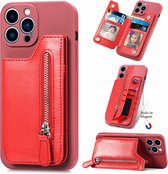 Luxe Hybride Rits Card&Cash Wallet Case + PMMA Screenprotector voor iPhone 14 Plus _ Rood