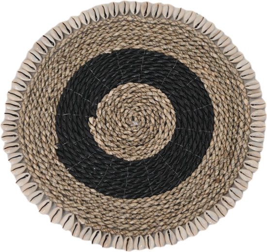 Placemat rond set van 6 ø30 Naturel/zwart zeegras/schelp