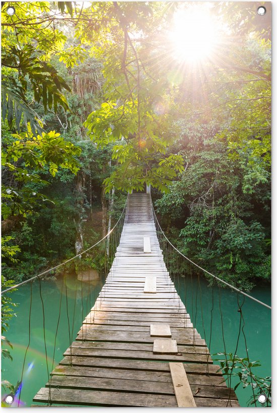Tuinposters buiten Jungle - Water - Brug - Natuur - Planten - 60x90 cm - Tuindoek - Buitenposter Tuinposters buiten Jungle - Water - Brug - Natuur - Planten - 60x90 cm