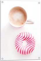 Tuinposter – Wit met Roze Gestreepte Donut naast Bak Koffie - 50x75 cm Foto op Tuinposter (wanddecoratie voor buiten en binnen)