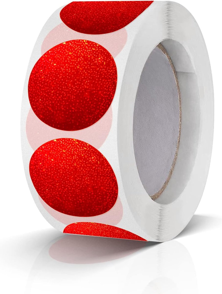 500 stuks ronde glitter stickers, 25 mm, kleurcodering, rood, etikettenrol