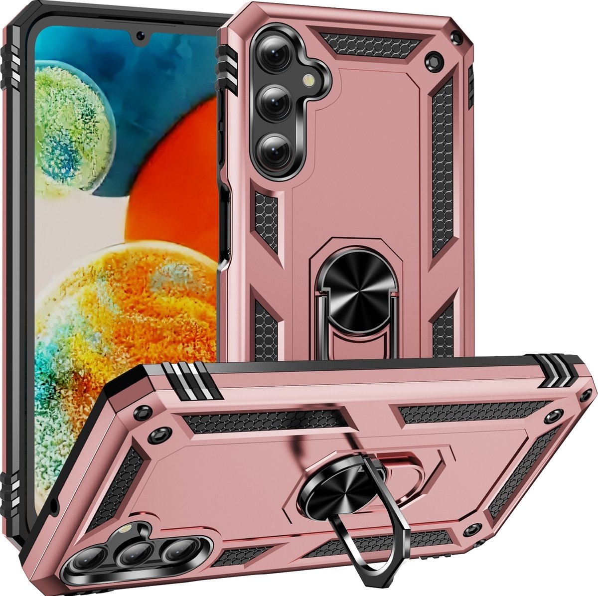 Mobigear Hoesje geschikt voor Samsung Galaxy A24 Telefoonhoesje Hardcase | Mobigear Armor Ring Backcover Shockproof met Ringhouder | Schokbestendig Galaxy A24 Telefoonhoesje | Anti Shock Proof - Roségoud