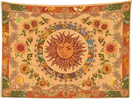 Ulticool - Zon Mandala Bloemen Maan Natuur Retro - Wandkleed - 200x150 cm - Groot wandtapijt - Poster - Oker Geel Oranje Groen