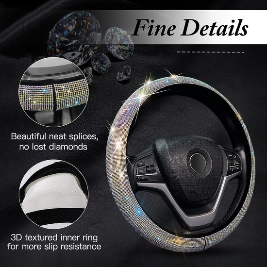 Valleycomfy Stuurhoes voor dames en heren, bling bling kristal, diamant, fonkelende auto, SUV wielbeschermer, universele pasvorm (15 inch (zwart met zwarte diamant, standaardmaat (14 inch 1/2-15 inch