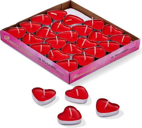 THE TWIDDLERS 50 Rode Hartvormige Theelichtjes voor Bruiloften, Valentijnsdag, Decoraties & Feestjes (3,8cm) - Romantisch & Niet Geurend