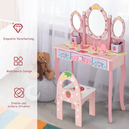 Make-uptafel voor kinderen, prinsessentafel met inklapbare spiegel, make-upkruk  en 3... | bol