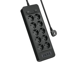 Bodega Premium 14-Voudige Stekkerdoos - Stekkerdoos met Schakelaar - Stekkerdoos met USB - Stekkerdoos met Overspanbeveiliging – Overspanningsbeveiliging - 10 Stopcontacten & 4 USB Oplaadpoorten – stekkerdozen - 2M Verlengsnoer – Antislip - Zwart