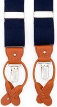 Albert Thurston navy box - bretels - blauwe banden van boxcloth - bruin leer - Y model - clips en lussen