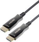 Zwarte HDMI-kabel met gouden connectoren, één gemarkeerd als 'Display'