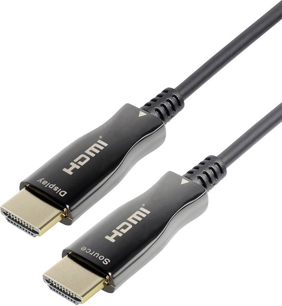 Zwarte HDMI-kabel met gouden connectoren, één gemarkeerd als 'Display'