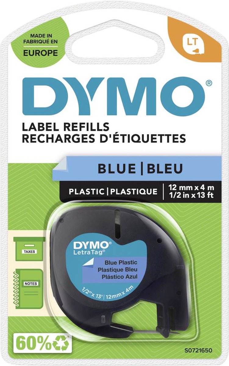 DYMO LetraTag originele plastic labels | Zwarte afdruk op blauwe etiketten | 12 mm x 4 m | Zelfklevende multifunctionele labels voor LetraTag labelprinters | gemaakt in Europa