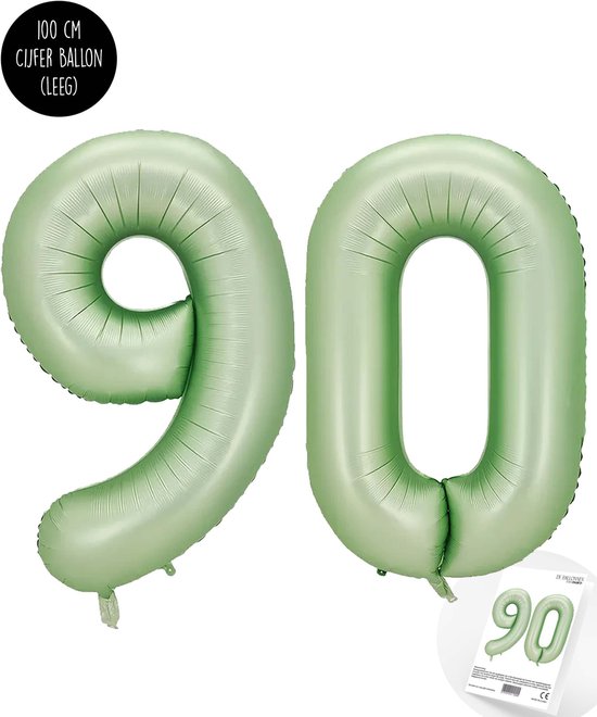 Cijfer Helium Folie Ballon XXL - 90 jaar cijfer - Olive - Groen - Satijn - Nude - 100 cm - leeftijd 90 jaar feestartikelen verjaardag