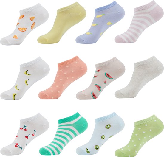 Monfoot - Grappige sokken - Vrolijke Lage Onzichtbare Fruitige Sokken - Dames - 12 Paar - Maat 36-38 - Fruit Patroon - Perfect Cadeau