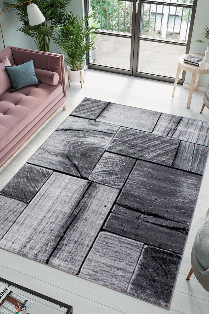 flycarpets Jaden Modern Vloerkleed Muur - Grijs / Zwart - 200x290 cm - Laagpolig Tapijt Woonkamer